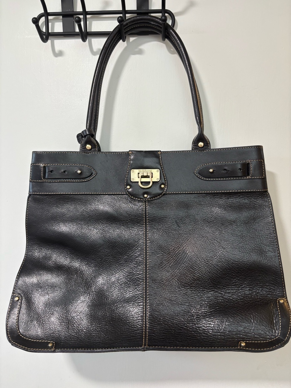 Vintage Liz Claiborne Black Leather Large Handbag Satchel Purse Bag